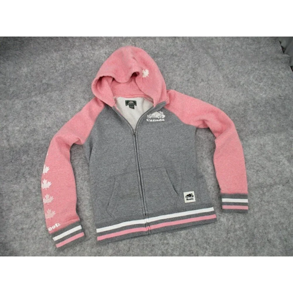 Roots Kids Sweatshirt Hoodie XXL 13 14 Years Pink Gray Pockets Zipper Casual